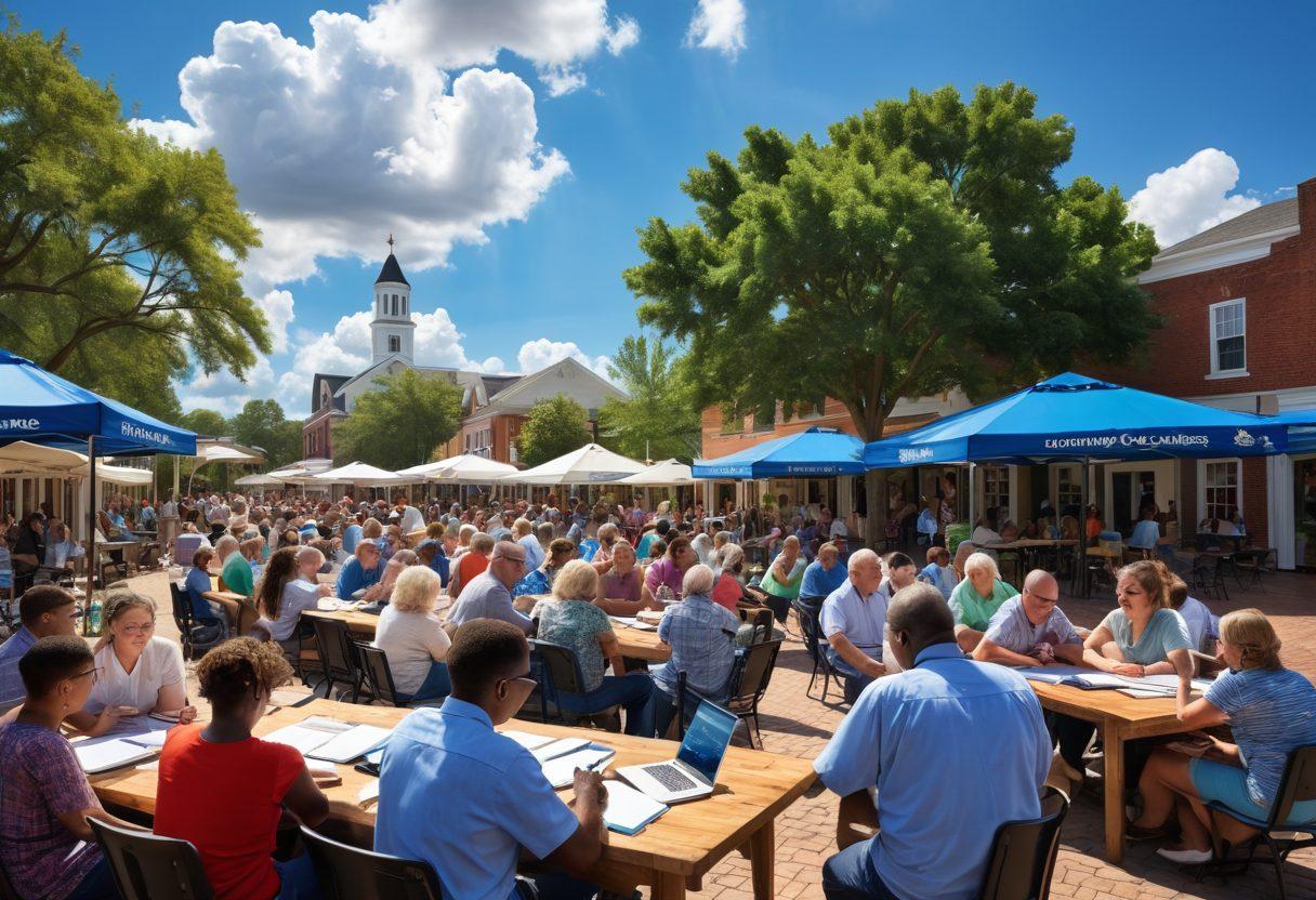 A lively community meeting in a Georgia town square, with diverse people engaging in conversation and brainstorming ideas. Include elements like laptops, notepads, and a big map of Georgia in the background highlighting local areas. The sky should be bright blue with fluffy clouds, symbolizing optimism and collaboration. Vibrant colors, a touch of southern charm, and a warm, inviting atmosphere. super-realistic. vibrant colors. 3D.