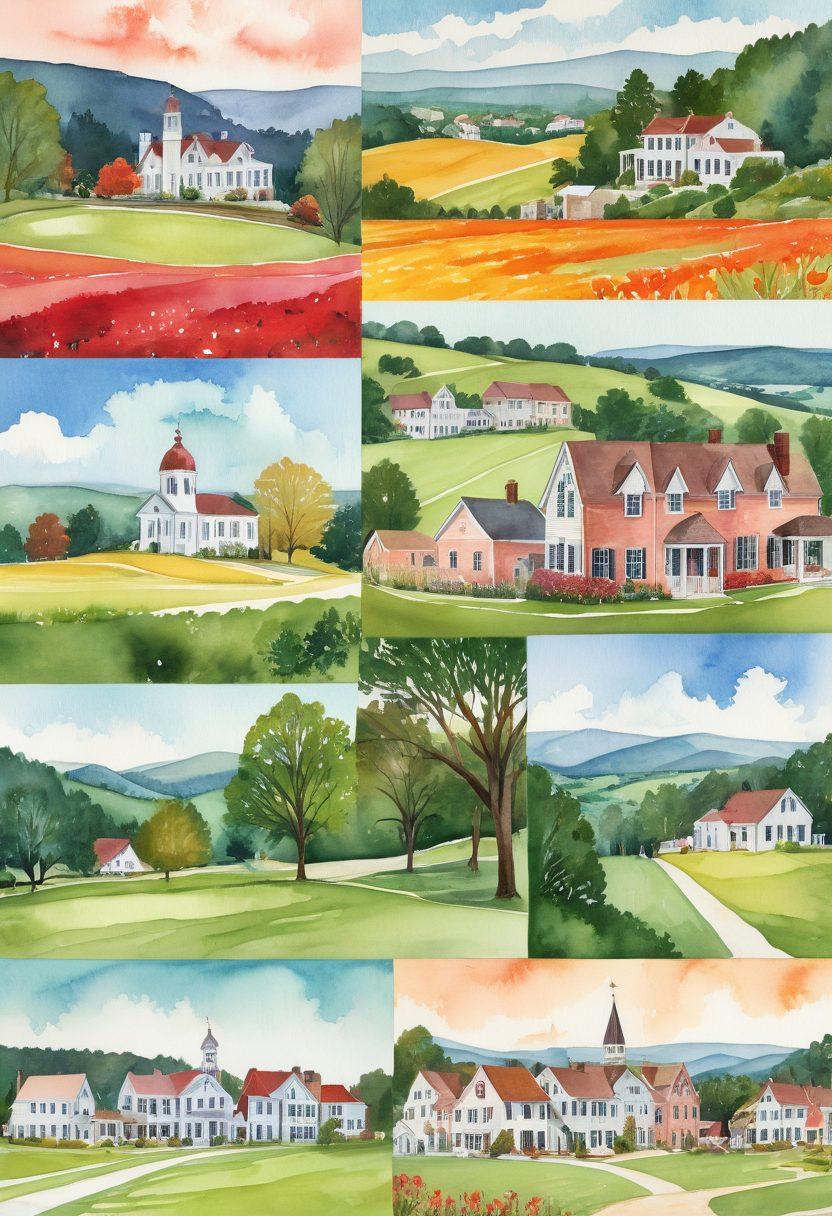 A vibrant collage showing diverse people from different Georgia communities sharing digital journals on tablets and smartphones, with iconic Georgian landscapes in the background, such as rolling hills and historic buildings; a warm, inviting atmosphere that illustrates connection and collaboration. watercolor illustration. bright colors. modern style.