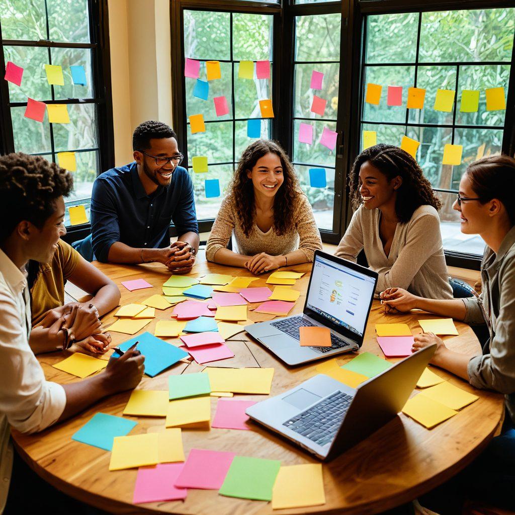 A diverse group of people around a large table, passionately sharing stories with expressive gestures. There are colorful sticky notes and laptops scattered about, symbolizing collaboration. A warm, inviting atmosphere filled with soft lighting and an open window revealing a sunny day outside. The individuals represent various backgrounds and ages, showcasing unity through storytelling. vibrant colors. cozy setting.